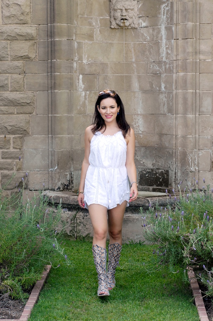 Stuart Weitzman Gladiator Boots with Zimmermann white playsuit romper style blogger Los Angeles