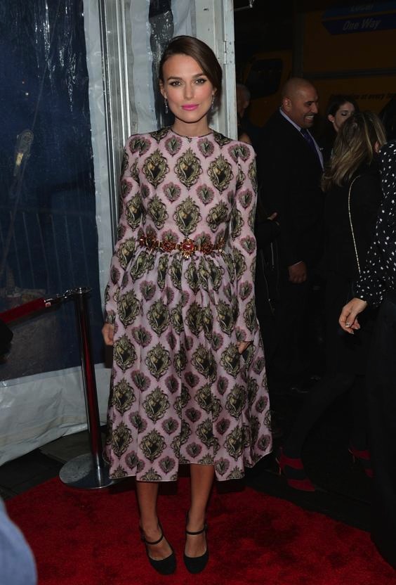 Keira Knightley wears pink printed Dolce Gabbana dress at Imitation Game NYC Premier