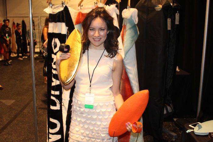 Backstage at Georgine New York Fashion Week with Surfboard purses