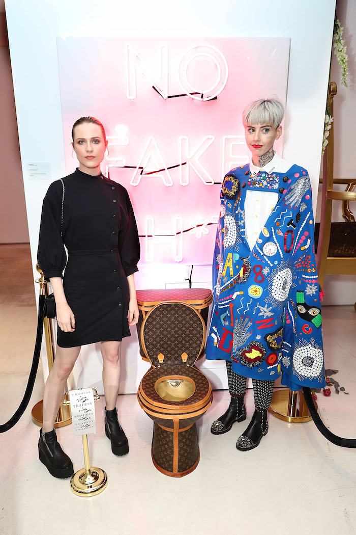 Evan Rachel Wood and artist Illma Gore pose next to Louis Vuitton Toilet in LA 