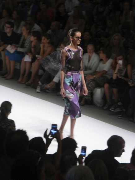 New York Fashion Week Custo Barcelona Runway show Purple patterned skirt sheer sequined top! Spring Summer 2014 Collection