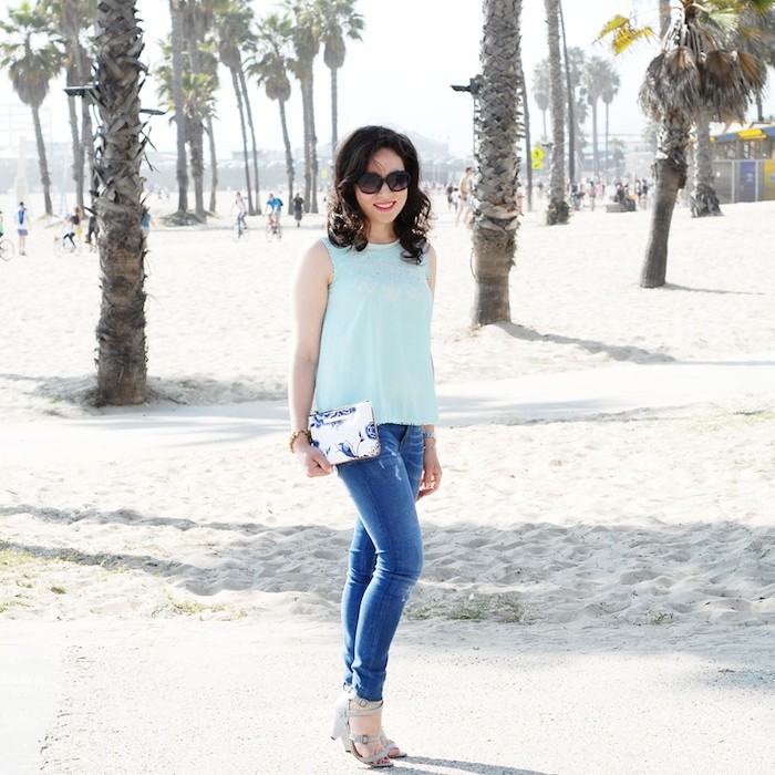Blogger photo shoot in Santa Monica wearing Zara Darkling UK and Brahmin clutch